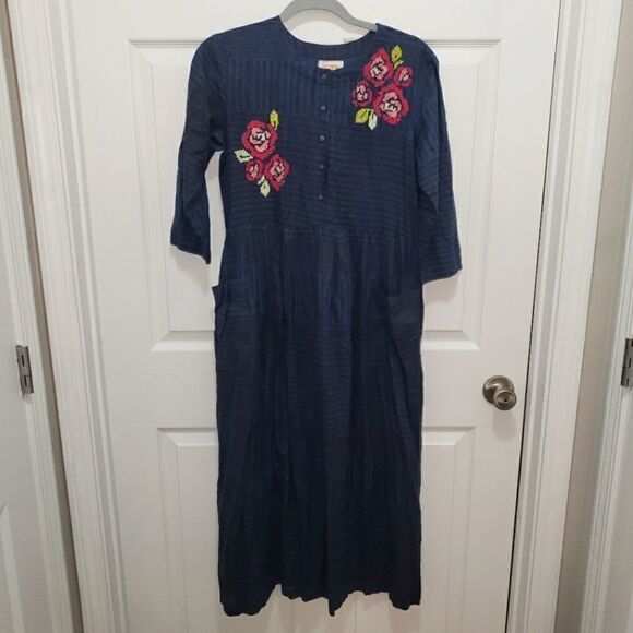 BOMBAY & PAISLEY BOHEMIAN NAVY BUTTON DOWN MIDI DRESS SIZE SMALL NWOT - Picture 1 of 7